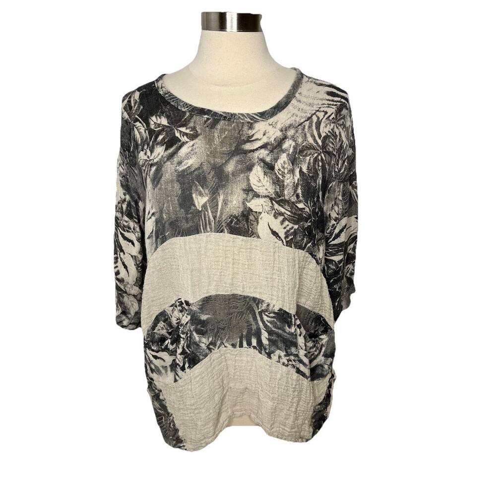 Stella Moda Italy Taupe Linen Crinkle Floral Pullover Pockets Top Lagenlook M